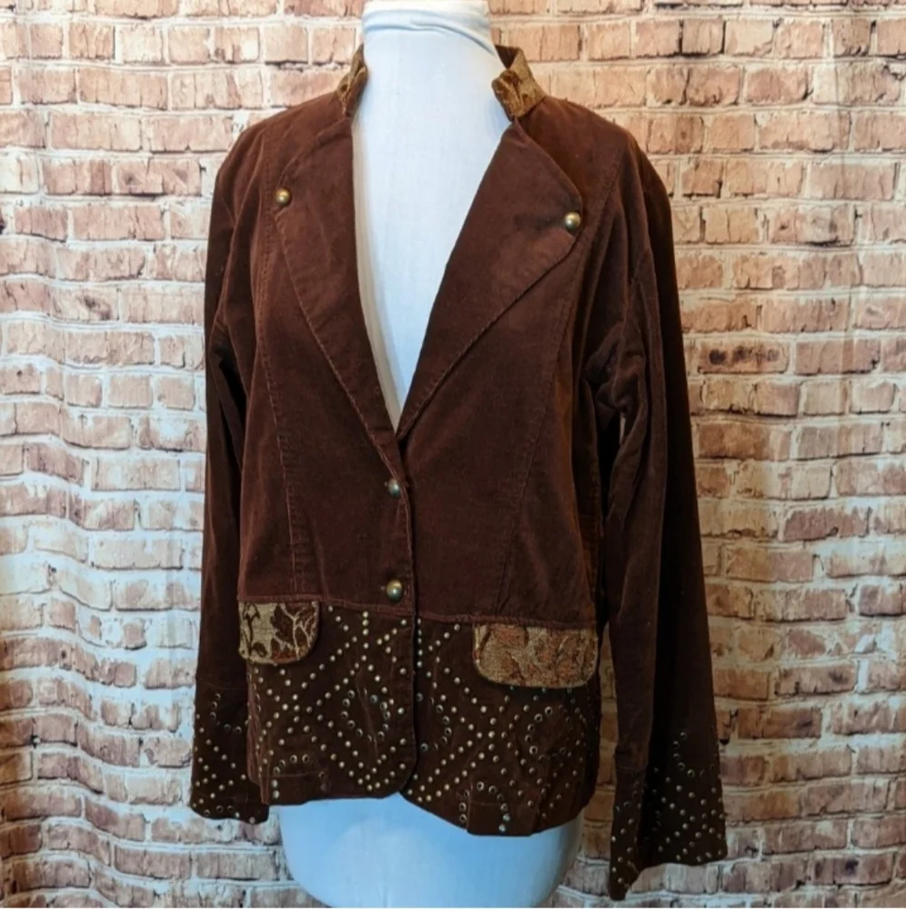 Corduroy Jacket With Grommet Metal Stud Embroidery Lace-up Corsetting Details L - Picture 2 of 6